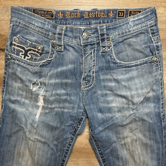 Rock Revival Jeans Mens 33 Richie Straight Leg Thrashed Rockstar Repaired Denim - Picture 4 of 14